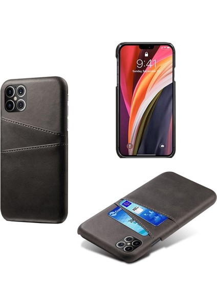 Apple iPhone 12 Pro Max Için Çift Kart Yuvalı Pu Deri Kaplamalı Pc Telefon Kılıfı - Siyah (Yurt Dışından)