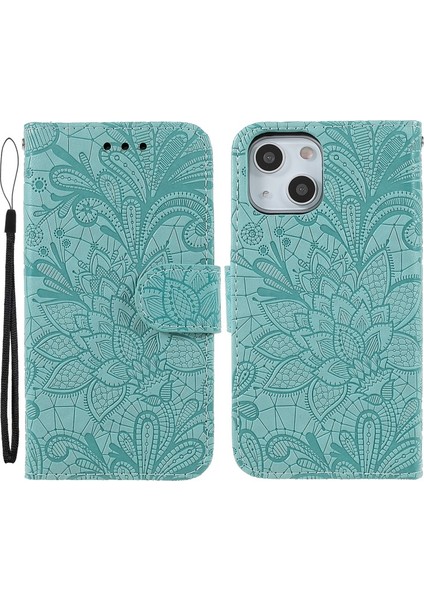Apple iPhone 13 Mini Için Dantel Çiçek Baskılı Kayışlı Manyetik Standlı Pu Deri + Tpu Telefon Kılıfı - Turkuvaz (Yurt Dışından)