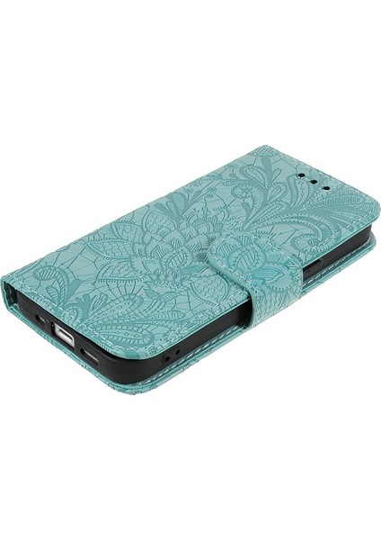 Apple iPhone 13 Mini Için Dantel Çiçek Baskılı Kayışlı Manyetik Standlı Pu Deri + Tpu Telefon Kılıfı - Turkuvaz (Yurt Dışından)