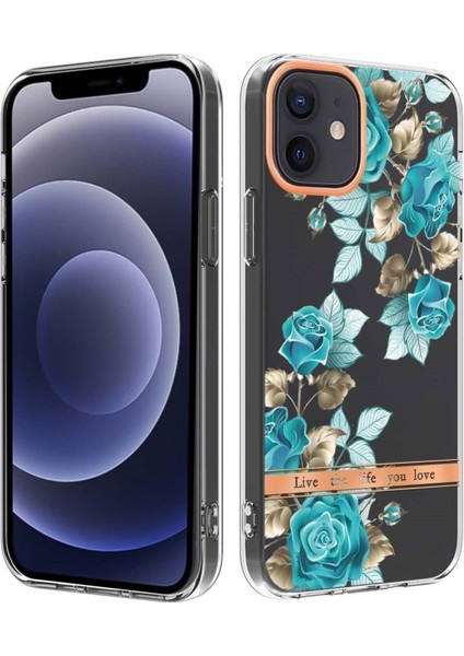 Apple iPhone 12 Için Lb5 Serisi Çiçek Desenli Galvanik Imd Iml Tpu Telefon Kılıfı - Mavi Gül (Yurt Dışından)