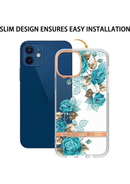 Apple iPhone 12 Için Lb5 Serisi Çiçek Desenli Galvanik Imd Iml Tpu Telefon Kılıfı - Mavi Gül (Yurt Dışından)