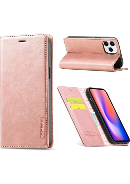 Apple iPhone 12 Pro Max Için Standlı Cüzdan Tasarımlı Deri Telefon Kılıfı - Gül Altın (Yurt Dışından)