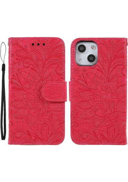 Apple iPhone 13 Mini Için Dantel Çiçek Baskılı Kayışlı Manyetik Standlı Pu Deri + Tpu Telefon Kılıfı - Kırmızı (Yurt Dışından)