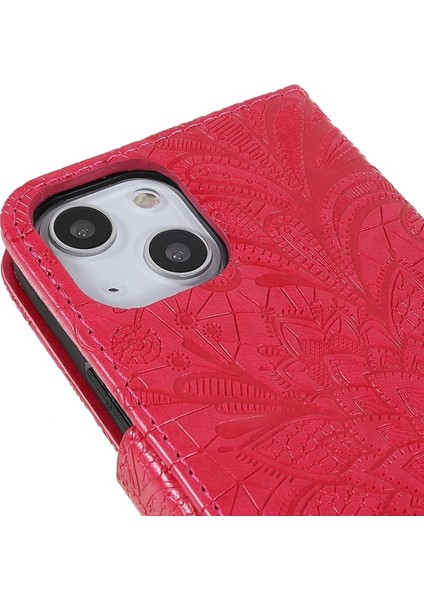 Apple iPhone 13 Mini Için Dantel Çiçek Baskılı Kayışlı Manyetik Standlı Pu Deri + Tpu Telefon Kılıfı - Kırmızı (Yurt Dışından)