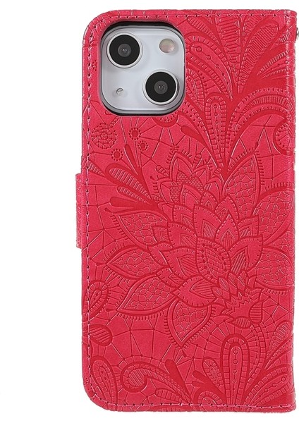 Apple iPhone 13 Mini Için Dantel Çiçek Baskılı Kayışlı Manyetik Standlı Pu Deri + Tpu Telefon Kılıfı - Kırmızı (Yurt Dışından)