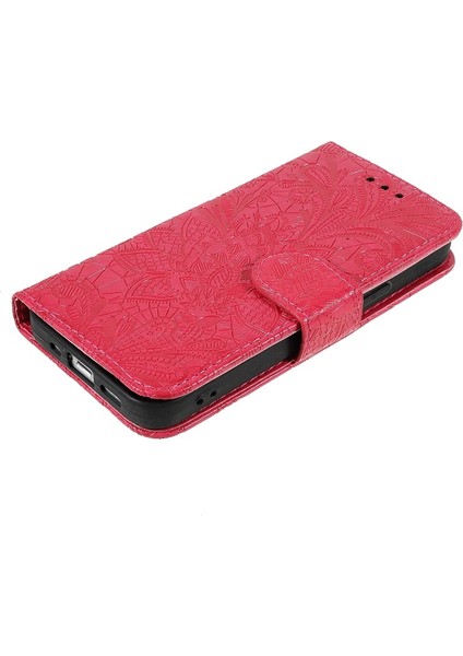 Apple iPhone 13 Mini Için Dantel Çiçek Baskılı Kayışlı Manyetik Standlı Pu Deri + Tpu Telefon Kılıfı - Kırmızı (Yurt Dışından)