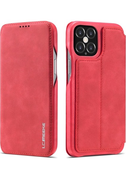 Apple iPhone 12 Için Retro Stil Kartlıklı Standlı Deri Telefon Kılıfı - Kırmızı (Yurt Dışından)