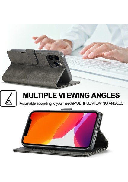 Apple iPhone 13 Pro Max Için Darbeye Dayanıklı Stand Cüzdan Tasarımlı Pu Deri Telefon Kılıfı - Gri (Yurt Dışından)
