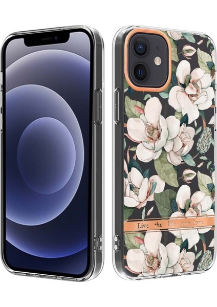 Apple iPhone 12 Için Lb5 Serisi Çiçek Desenli Galvanik Imd Iml Tpu Telefon Kılıfı - Yeşil Gardenya (Yurt Dışından)