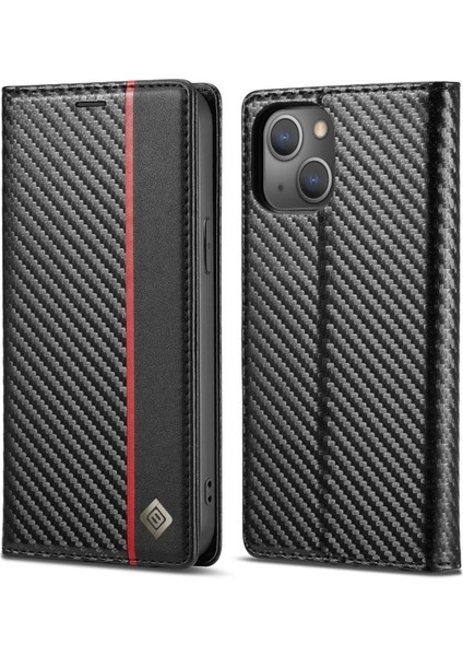 Apple iPhone 13 Için Karbon Fiber Dokulu Pu Deri Cüzdan Tasarımlı Standlı Kılıf - Dikey Kırmızı Şerit (Yurt Dışından)