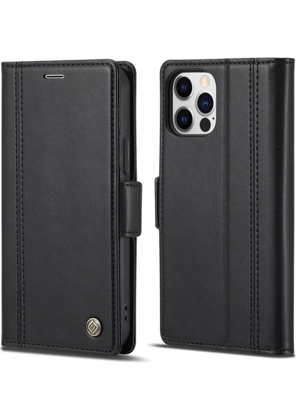 Apple iPhone 13 Pro Max Için Darbeye Dayanıklı Stand Cüzdan Tasarımlı Pu Deri Telefon Kılıfı - Siyah (Yurt Dışından)