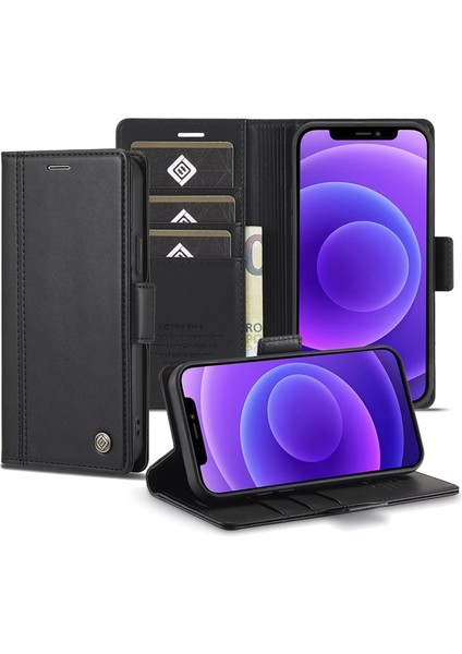 Apple iPhone 13 Pro Max Için Darbeye Dayanıklı Stand Cüzdan Tasarımlı Pu Deri Telefon Kılıfı - Siyah (Yurt Dışından)
