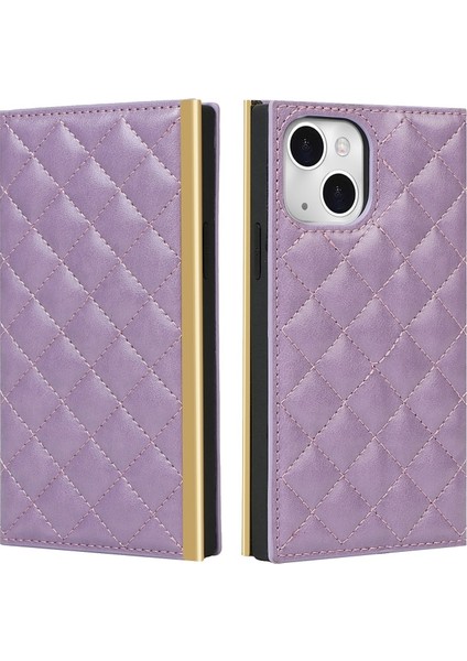 Apple iPhone 13 Mini 5.4 Inç Uyumlu Izgara Desenli Aynalı Pu Deri Telefon Kılıfı - Mor (Yurt Dışından)