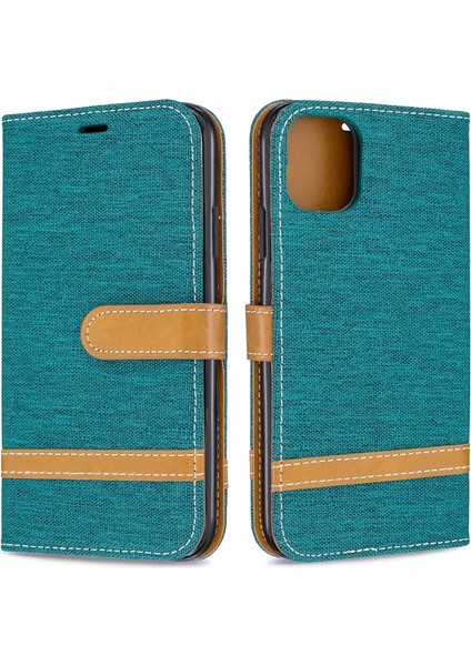 Apple iPhone 11 Için Kot Kumaş Dokulu Pu Deri Cüzdan Tasarımlı Standlı Kılıf - Yeşil (Yurt Dışından)
