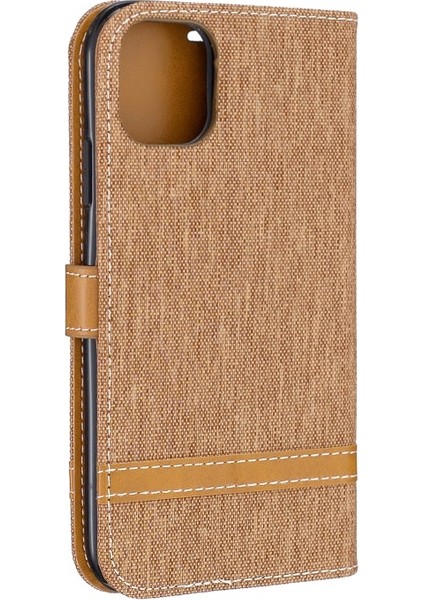 Apple iPhone 11 Için Kot Kumaş Dokulu Pu Deri Cüzdan Tasarımlı Standlı Kılıf - Kahverengi (Yurt Dışından)
