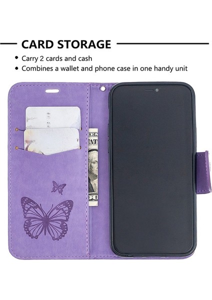 Apple iPhone 12 Için Desenli Cüzdan Tasarımlı Deri Standlı Kılıf - Mor (Yurt Dışından)