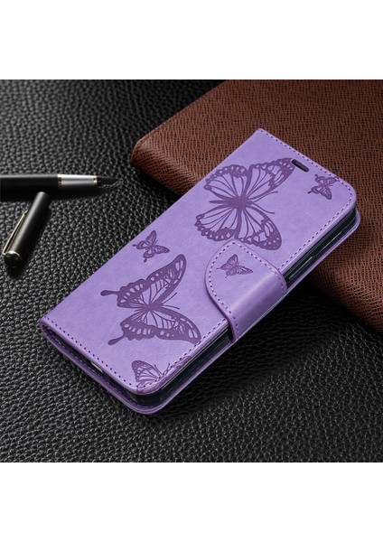 Apple iPhone 12 Için Desenli Cüzdan Tasarımlı Deri Standlı Kılıf - Mor (Yurt Dışından)