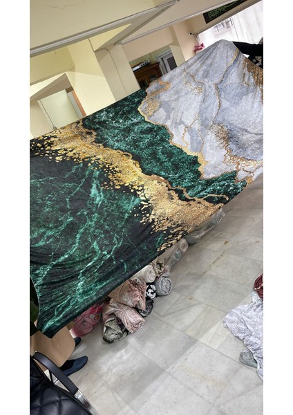 Meka Home Zümrüt Mermer Model Kadife Lastikli Halı Örtüsü