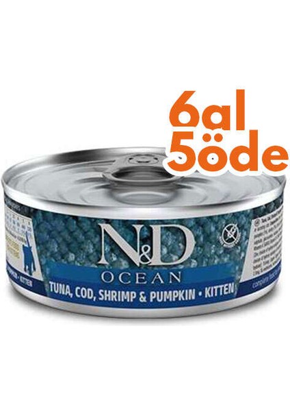 Nd 2918 Ocean Kitten Ton Balığı, Morina Balığı Karides ve Balkabaklı Yavru Kedi Konservesi 80 gr - 6 Al 5 Öde