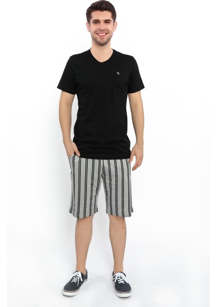 Çizgili Siyah Erkek Bermuda Takım