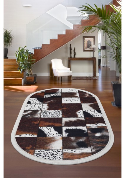 DR01 Kahve Saçaklı Dijital Oval Halı Kaymaz Yıkanabilir Iskandinav Yolluk 180X450