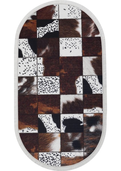 DR01 Kahve Saçaklı Dijital Oval Halı Kaymaz Yıkanabilir Iskandinav Yolluk 180X450