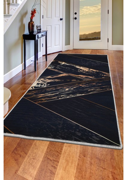 Siyah Gold Saçaksız Dijital Halı Kaymaz Yıkanabilir İskandinav Yolluk 180 x 450 cm.