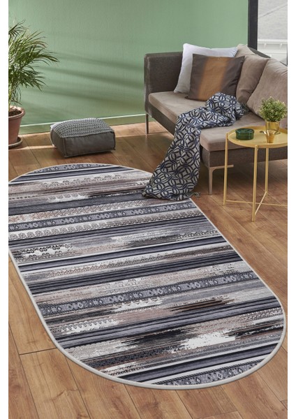 Köln Kahve Saçaksız Dijital Oval Halı Kaymaz Yıkanabilir İskandinav Yolluk 80 x 650 cm.