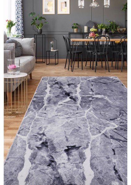 Granit Gri Saçaksız Dijital Halı Kaymaz Yıkanabilir Iskandinav Yolluk 160 x 300 cm