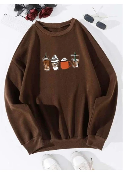 Kadın Kahverengi Oversize Coffee Baskılı Sweatshirt