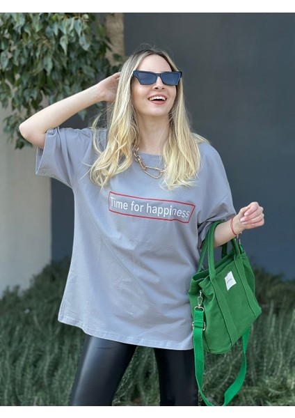 Kadın Boyamalı Gri Time For Happiness Oversize T-Shirt