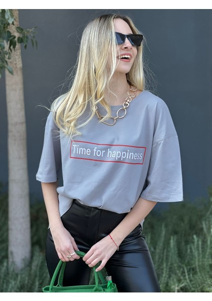 Kadın Boyamalı Gri Time For Happiness Oversize T-Shirt