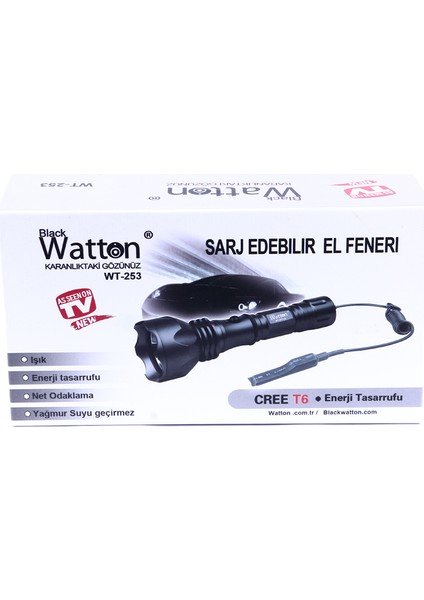 Orjinal 600 Lümen Tx6 Şarjlı Özel Avcı Feneri Watton WT-253