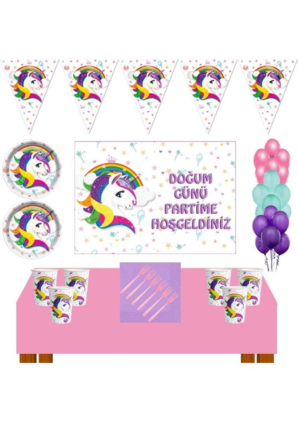 Unicorn Doğum Günü 8 Kişilik Afişli Unicorn Doğum Günü Konsepti