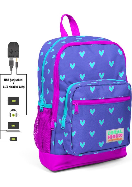 Kids Kalp Desenli Lavanta Pembe USB Şarjlı Kulaklık Çıkışlı Okul Sırt Çantası 23806