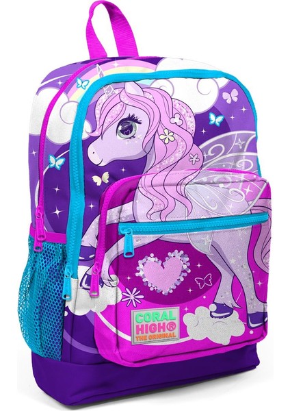 Kids Dört Bölmeli Mor Pembe Ünicorn Desenli Ilkokul Çantası USB Şarjlı Kulaklık Çıkışlı 23808