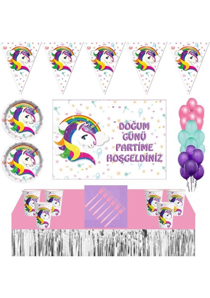 Unicorn Doğum Günü 24 Kişilik 50X70 cm Afişli Unicorn Doğum Günü Konsepti Masa Etekli