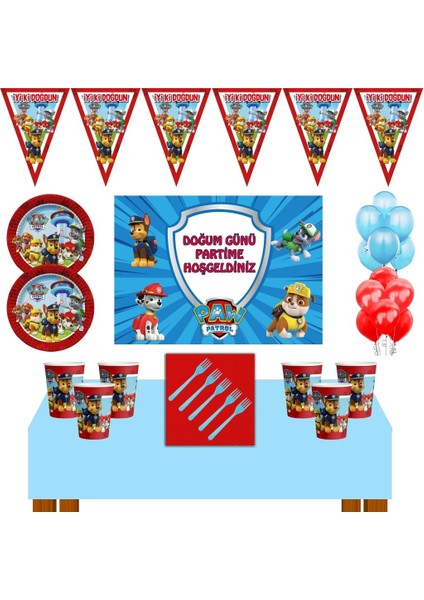 Paw Patrol Doğum Günü Konsepti 8 Kişilik 50X70 cm Afişli Paw Patrol Parti Malzemeleri Seti