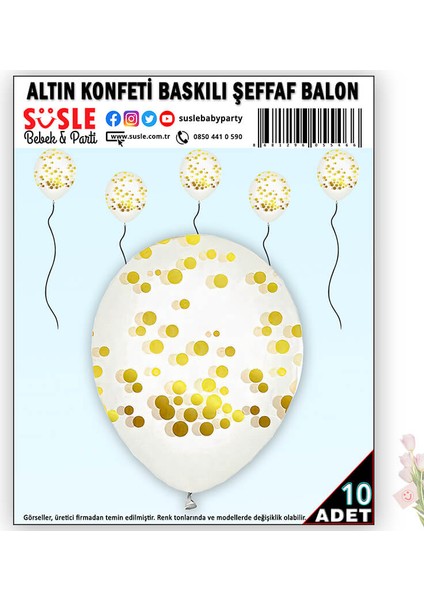 Altın Konfeti Baskılı Şeffaf, 30cm Balon - 10 Adet