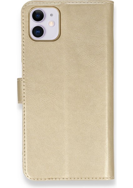 iPhone 11 Kılıf Kapaklı Cüzdan Standlı Deri - Gold