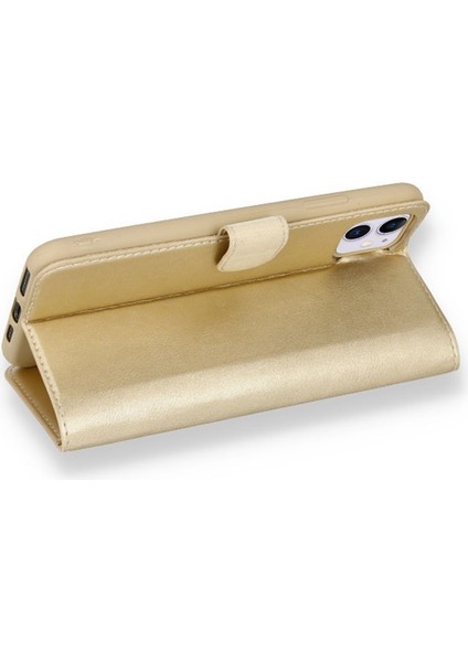 iPhone 11 Kılıf Kapaklı Cüzdan Standlı Deri - Gold