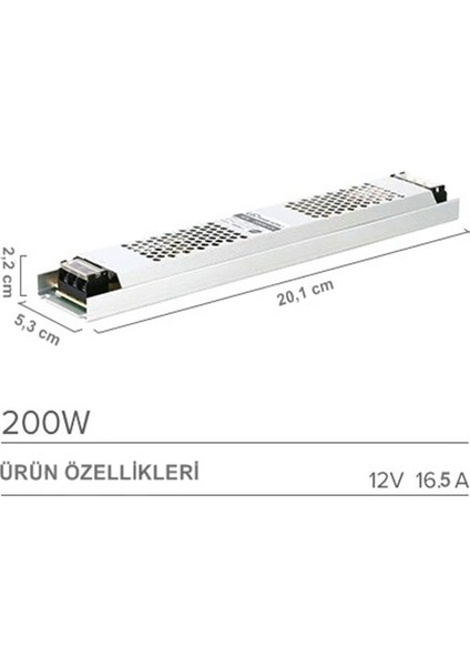 Ultra Slim 16.5 Amper Sessiz Şerit LED Trafosu Alüminyum Kasa 12V LED Trafo Adaptör