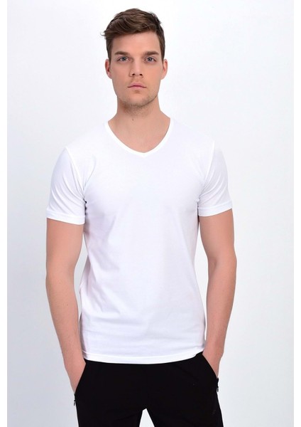 Erkek Basic Likralı V-Yaka T-Shirt - T-339 - Beyaz - Xl