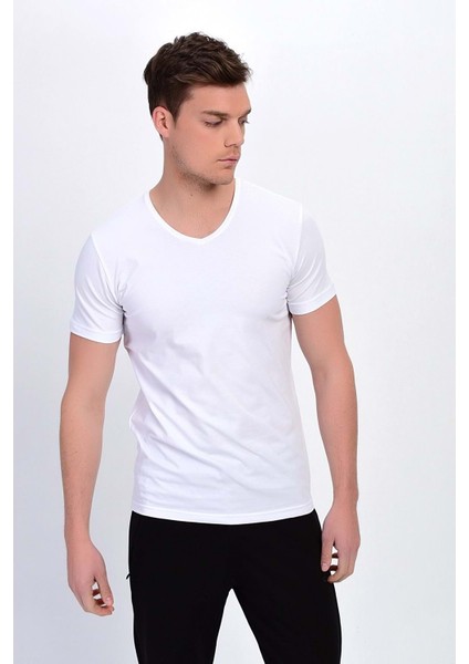 Erkek Basic Likralı V-Yaka T-Shirt - T-339 - Beyaz - Xl