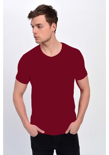 Erkek Basic Likralı V-Yaka T-Shirt - T-339 - Bordo - Xxl