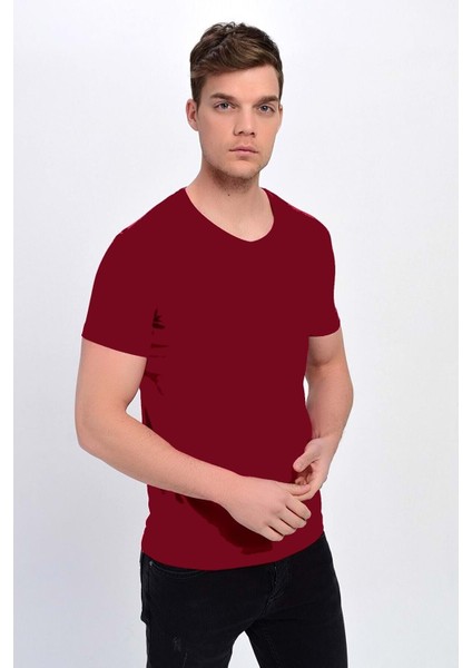 Erkek Basic Likralı V-Yaka T-Shirt - T-339 - Bordo - Xxl