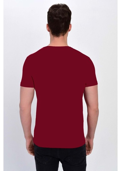 Erkek Basic Likralı V-Yaka T-Shirt - T-339 - Bordo - Xxl