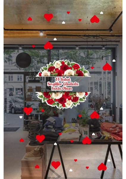 Güller Kalpler Sevgililer Gününüz Kutlu Olsun Cam Vitrin Oda Stickerı 70CM