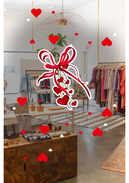 Birbirine Bağlı Uçuşan Kalpler Sevgililer Günü Cam Vitrin Oda Stickerı 70 cm