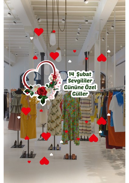 Kalp Üstünde Beyaz Kırmızı Gül Sevgililer Günü Cam Vitrin Oda Stickerı 70 cm